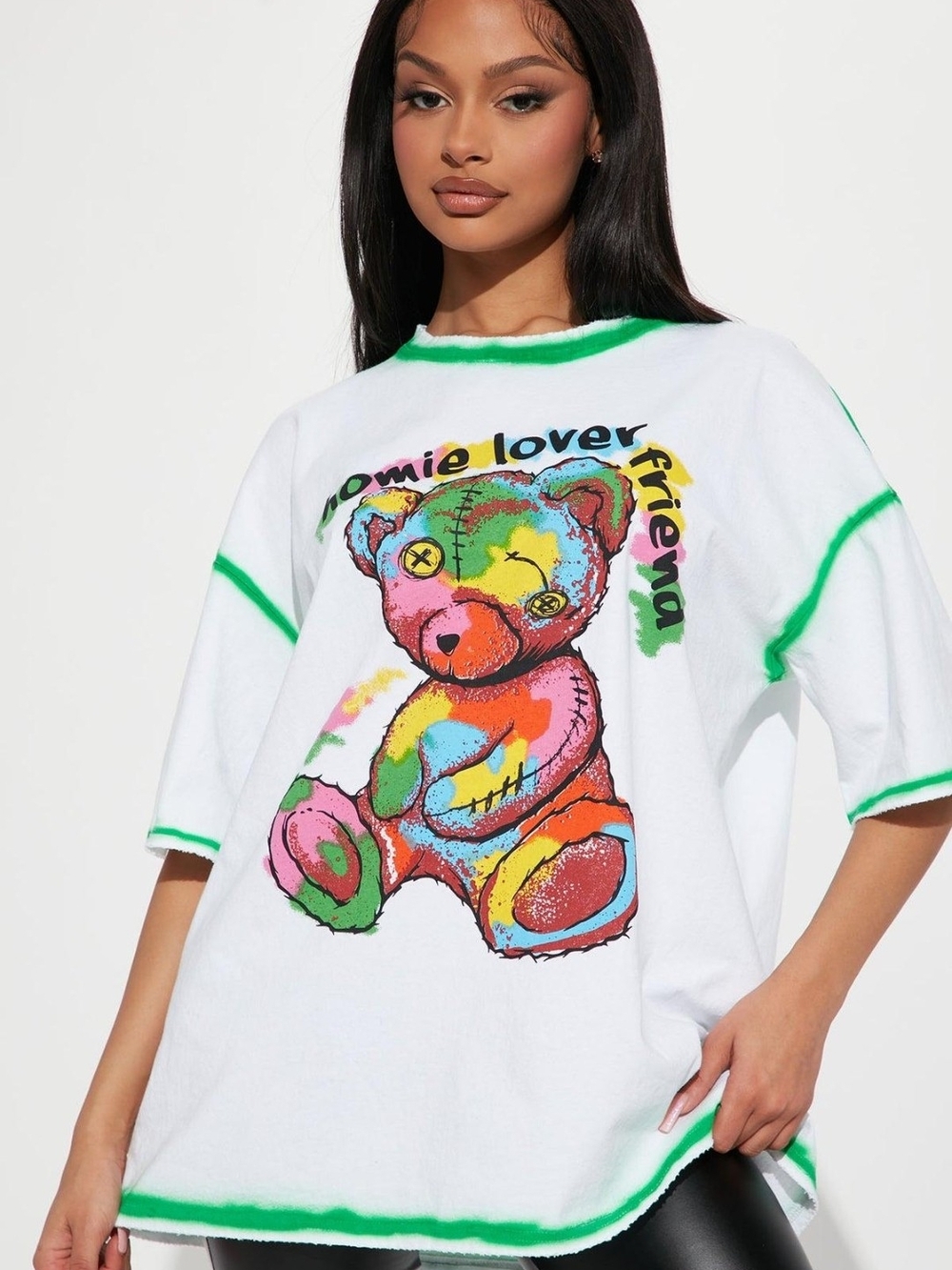 Colorful Teddy Graphic Tee with Green Trim